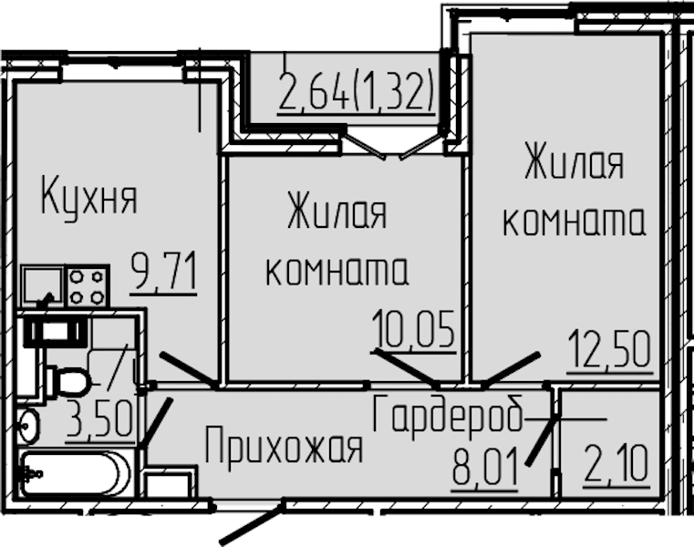 2-комнатная квартира 47.19 м², 7/8 эт., ЖК «SERTOLOVO PARK»